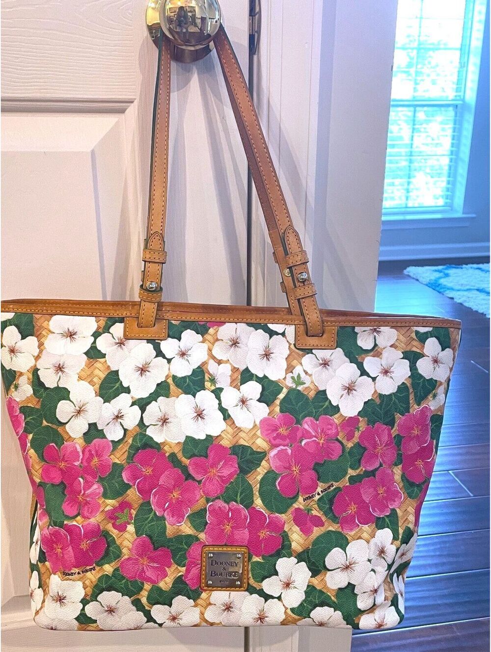 Dooney & Bourke Floral Tote Bag White Multicolor Brown Double Handles Gold